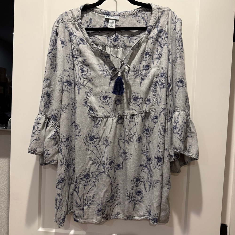 Boho Cottagecore Catherines 4X Floral Bell Sleeve Tunic Top 30/32W